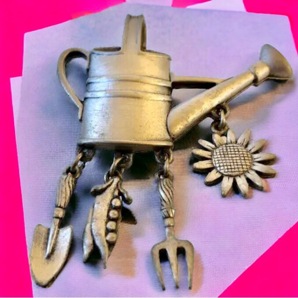 JJ Jonette Pewter Brooch Vintage Watering Can Dangle Flower Fork Shovel Veggie